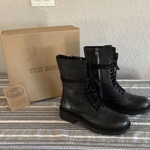 Steve Madden Crimson Black Learher Lace-Up Combat Boots